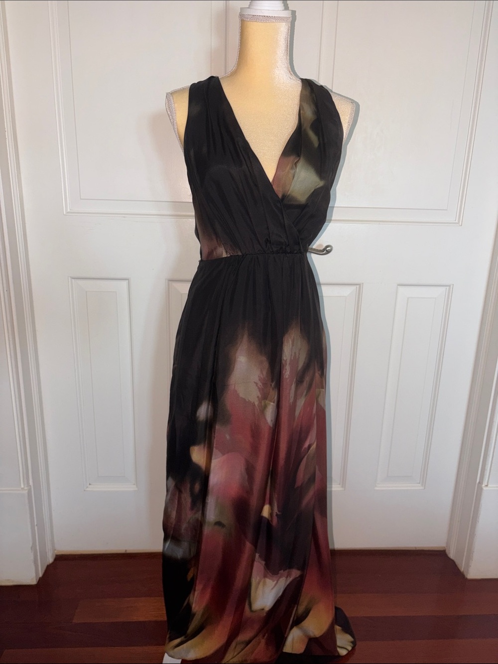 Magaschoni Black Maxi Dress with Red and Olive Floral Accents